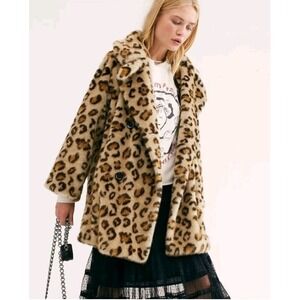 Free People Women's Leopard Double Breasted Swing Faux Fur Sienna Coat Size S